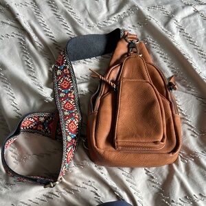 Brown Leather Sling Bag with Patterned Strap